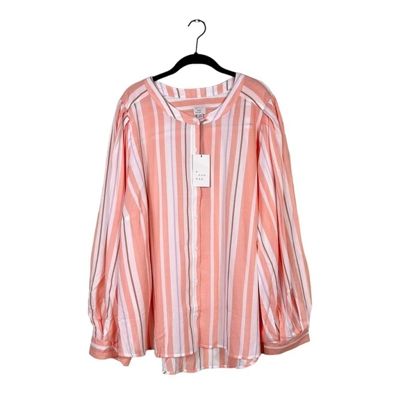 NWT A New Day Coral Striped Top Long Balloon Sleeves Button Front Lightweight 2X - Picture 1 of 8